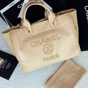 Chanel Straw Raffia Calfskin Chain Medium Deauville Tote Bag