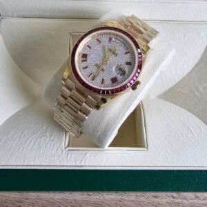 Rolex Day-Date Yellow Gold 40mm Ruby Red Baguette Moissanite Diamonds Dial 228398TRU Watch